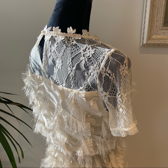 VALLEYGIRL Dust Pink Fringe Midi Dress Lace Romantic Evening Fit & Flare Size 8 - Picture 9 of 14